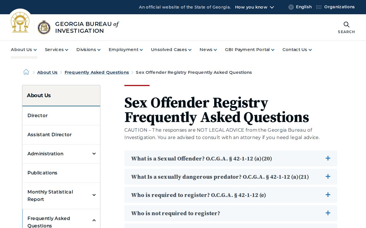 GBI sex offender registry FAQ explaining daily updates and registration rules