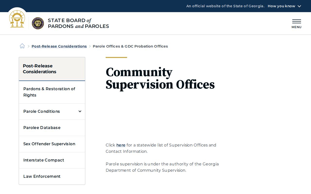 Georgia community supervision information explaining the DCS parole role