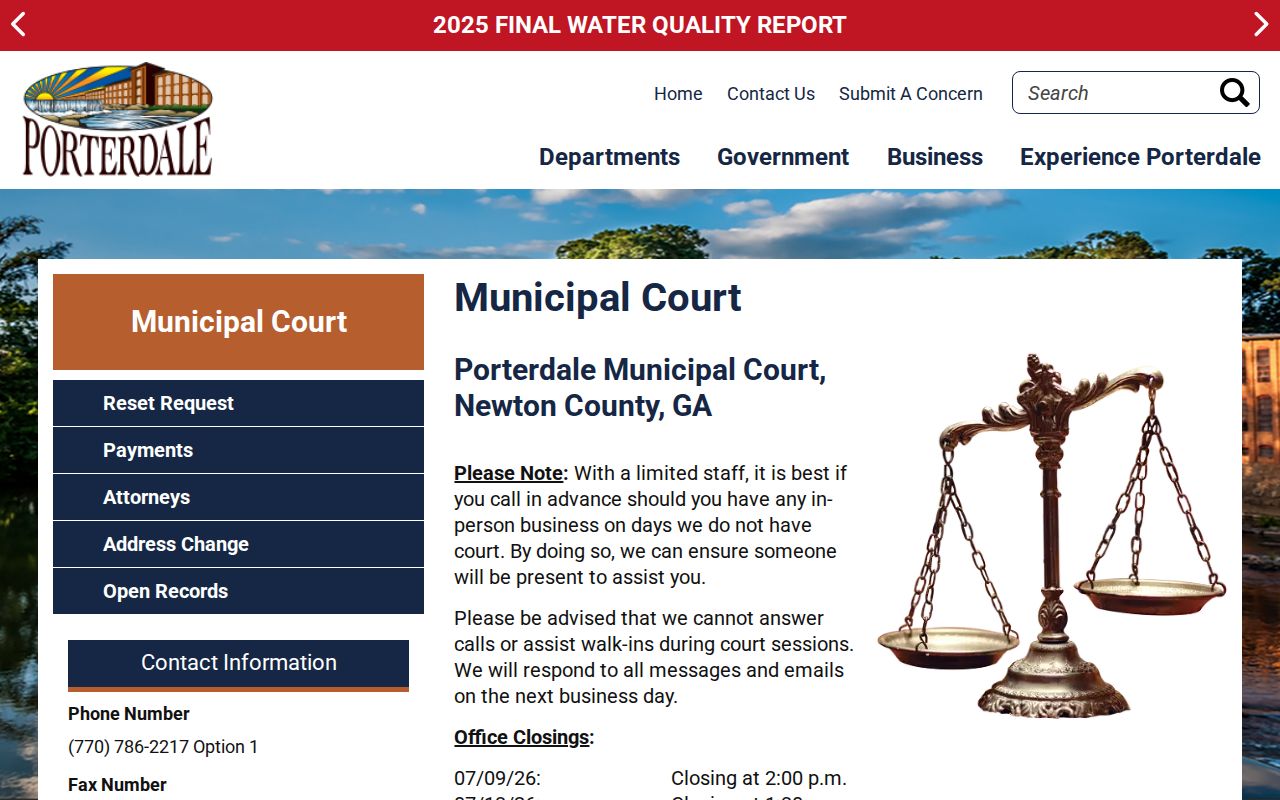 Official Porterdale Municipal Court page with contact and court-day notice