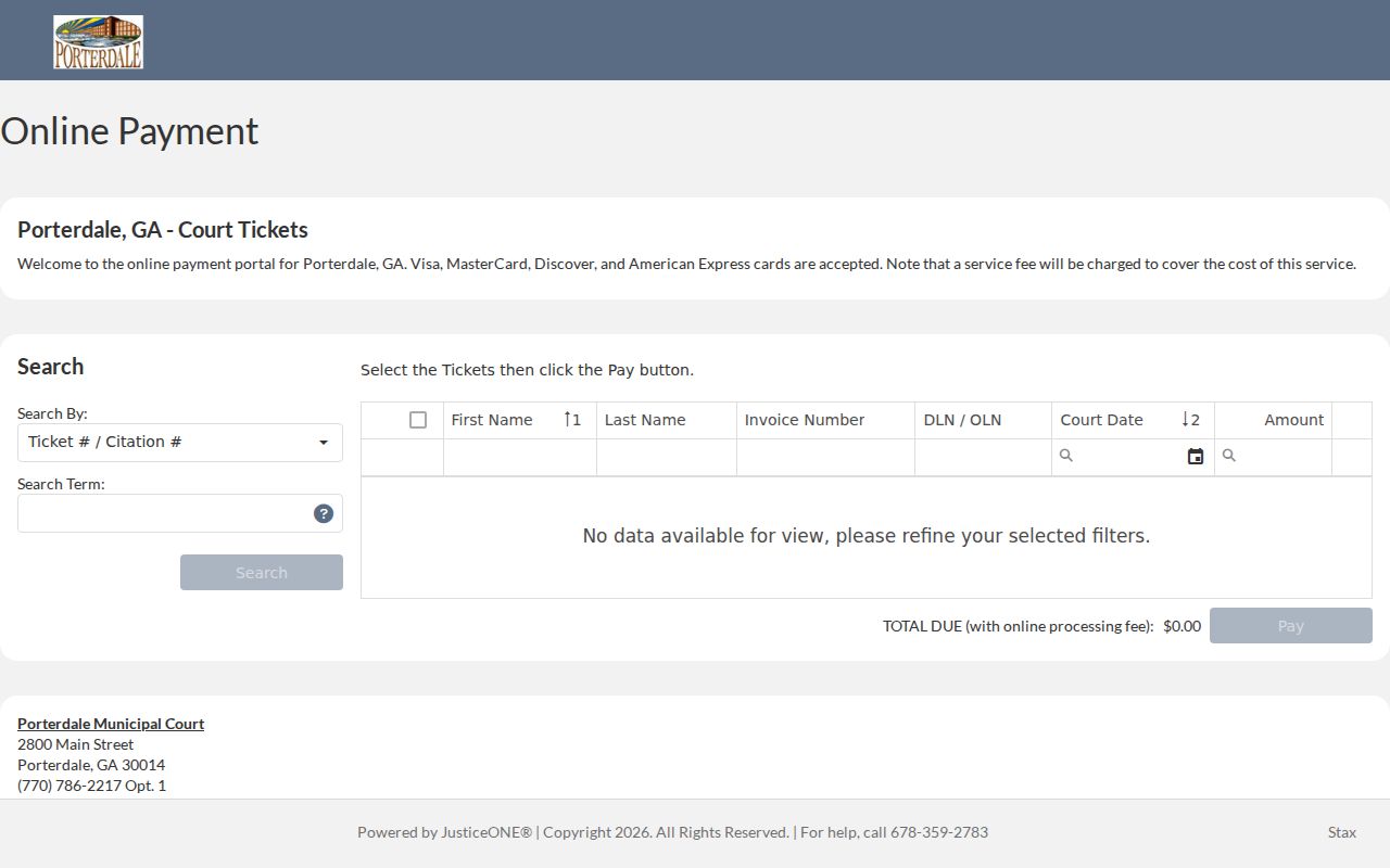 Porterdale JusticeONE municipal citation search portal